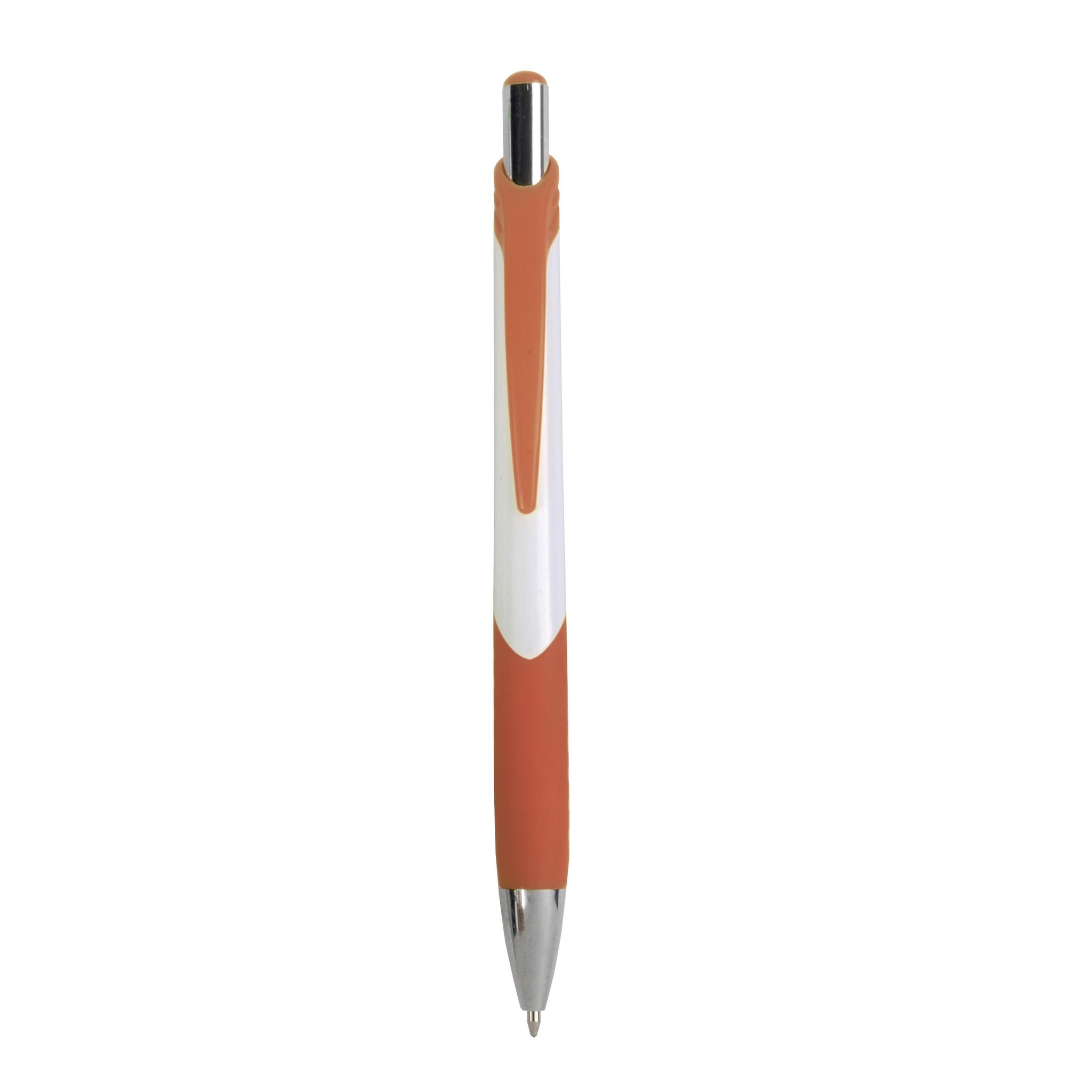 Penna a scatto in plastica con fusto bianco, impugatura gommata e colorata Penna a scatto in plastica con fusto bianco, impugatura gommata e colorata